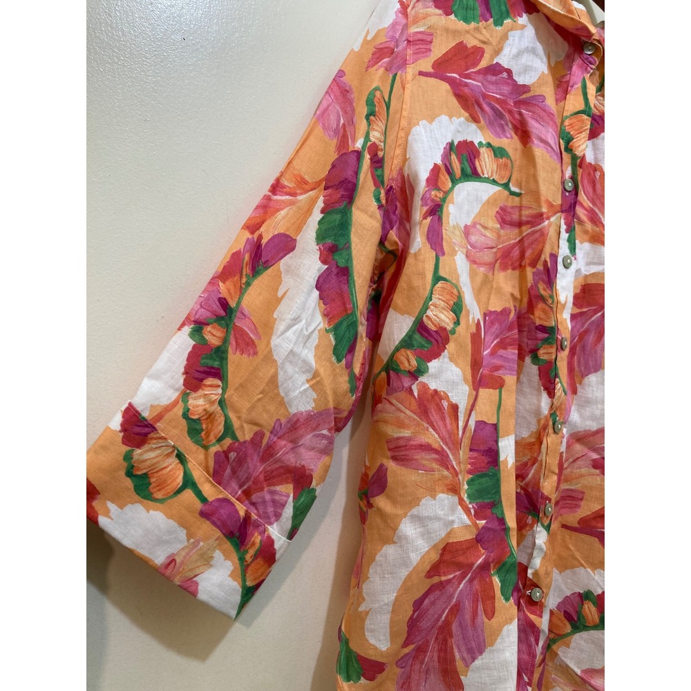 Chicos 100% Linen Button Down Shirt 3 XL 16 Orange Tropical Leaf Coastal Resort - Picture 4 of 7
